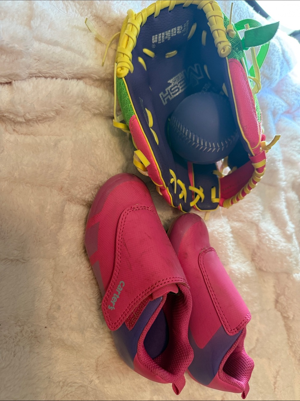 Carter's Pink and Purple Kids Slip-On cleats and glove